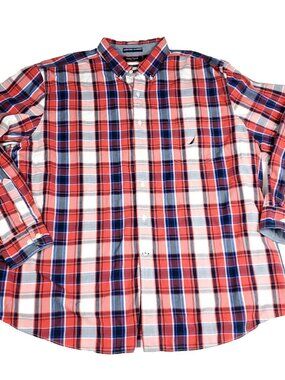 Nautica Shirt Mens 2XL XXL Classic Fit Plaid Button Long Sleeve Red Pocket